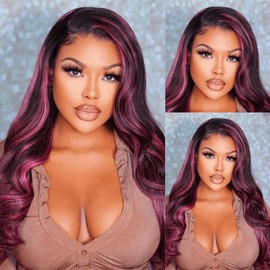 Pink Highlight Wig Human Hair 200% Density 13x4 Body Wave 1B/Pink Lace Front Wig Human Hair Pre Plucked with Baby Hair Pink and Black Wig Human Hair Skunk Stripe Human Hair Wig 24 Inch