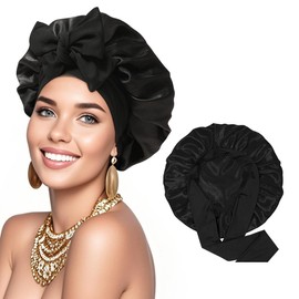 Satin Bonnet for Sleeping Women Silk Sleep Cap Hair Care Bonnet with Elastic Tie Band Curly Hair Unisex Adult(Black+Black)