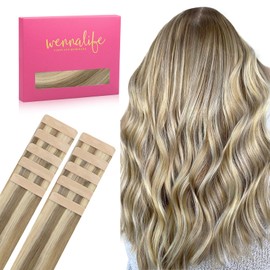 WENNALIFE Tape-In Real Hair Extensions, Ash Brown Highlights Golden Blonde, 10 Pieces, 25 g, 35 cm, Invisible Hair Extensions, Straight Human Hair, Tape Refill Pack