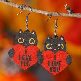 Valentines Day Love Hearts Wooden Drop Earrings Red Pink Heart Shape Cute Cat Double Printed Wood Dangle Earrings I Love You Pendant Earrings for Women Mom-Style C