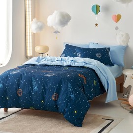 Freyamy Children's Bed Linen 135 x 200 cm Blue Navy Colourful Space Rocket Boys Children's Bed Linen Microfibre Stars Rocket Baby Bedding Duvet Cover with Zip and Pillowcase 80 x 80 cm