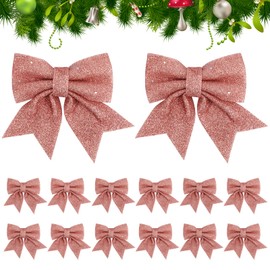 Coicok Pack of 14 Christmas bows, pink bows, Christmas tree, pink Christmas glitter bows, Christmas tree decorations, decorative bow for Christmas wreath, Christmas decoration for Christmas tree