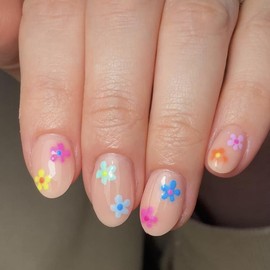 Spring Flowers Press on Nails Short Oval Glue on Nails with Colored Flowers Design Fake Nails Short False Nails Acrylic Nails Natural Full Cover Stick on Nail for Women Coffin Artificial Nails 24Pcs