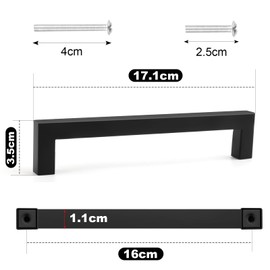 RISVOWO Pack of 10 Furniture Handles, 160 mm Drawer Handle Hole Spacing, Stainless Steel Handles for Kitchen Cabinets, Square Kitchen Handles, Black Cabinet Handles with 40 Screws