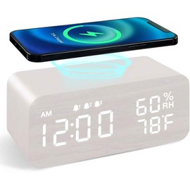 Dewould Multi Functional Creative Wooden Clock, Wooden Digital Clock,12/24H Time Display,Temperature Display, Dual Alarms for Home/Office/Bedroom（White）