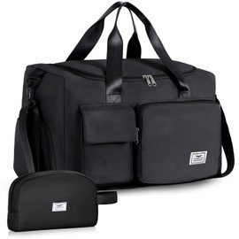 FIORETTO Womens Mens Sports Gym Bag Duffle Bag with Shoes Compartment, Weekend Travel Bag Overnight Bag for Women, Foldable Water Resistant Holdall Hospital Bag for Swimming with Toiletry Bag Black