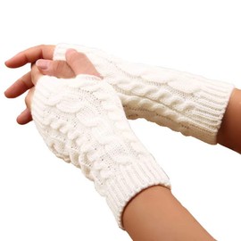 LCHULLE Women's Fingerless Gloves Winter Arm Warmers Gloves Women's Short Knitted Half Fingerless Mittens for Women and Girls, White