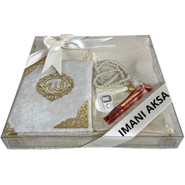 Mani Aksa Gift Box with Miswak Muslim Islamic Gifts with Prayer Mat, Misvak and Prayer Chain Seccade Prayer Rug Prayer Rug Sajadah Islamic Namaz (White Box with Ribbon)