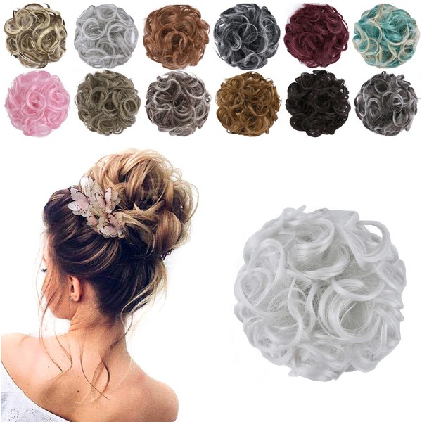 GIRLSHOW Elastic Wave Curly Hair Buns Chignons Hair Scrunchy Extensions Wrap Ponytail Updos Tousled Bun Hairpieces for Women Girls (Light Gray -#33A)