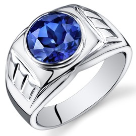 PEORA Men's Created Blue Sapphire Signet Ring 925 Sterling Silver, 5.50 Carats Round Shape 10mm, Size 8, September Birthstone Ring, Sleek Men's Sapphire Jewelry, For Gifts & Everyday Wear