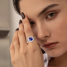 RANDES September Birthstone Ring 925 Sterling Silver Cushion Shaped Engagement Ring Blue Sapphire Ring for Women Size 6.5