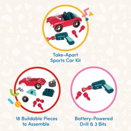 Battat – Toddler Construction Toys – Developmental Toy Vehicle Kit – Sports Car Building Set – Screwdriver And Tools – 3+ Years– Take – Apart Roadster , Red