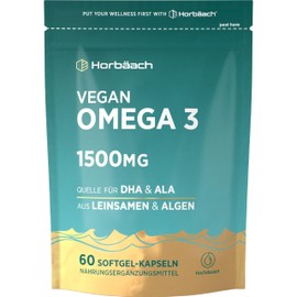 Horbaach Omega 3 Vegan High Dose of Algae Oil 1500 mg | 60 Capsules with ALA, EPA and DHA per Serving