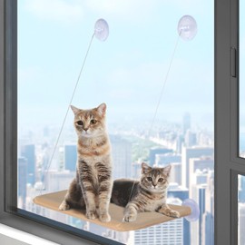 SHANGSHA Cat Perch for Window Sill with Bolster-Cat Hammock Window Seat,Easy to Adjust Cat Bed for Windowsill, Bedside, Drawer and Cabinet(Khaki)