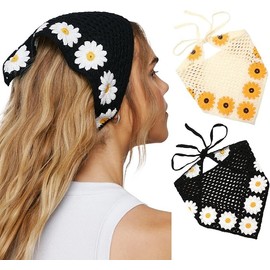 Floral Bandanas Hair Scarf - 2Pcs Women Knitted Headscarf Headband (Black+Yellow, One size)