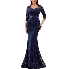 Miusol Women's Elegant V Neck Floral Lace Formal Evening Party Maxi Dress (Medium, Navy Blue)