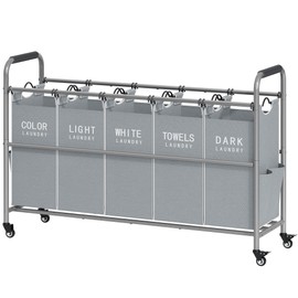 Tajsoon 5 Bag Laundry Sorter Cart, Laundry Hamper Sorter Basket with Heavy Duty Lockable Rolling Wheels for Clothes Storage, Grey & White