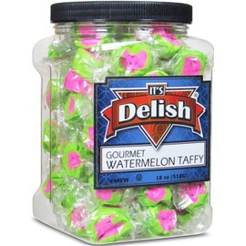 Gourmet Watermelon Taffy Chews by Its Delish – 18 Oz Jumbo Reusable Container (Jar) – Chewy Fluffy Individually Wrapped Sweet & Juicy Soft Candy Taffies - USA Made, Vegan & Certified Kosher