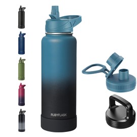 RUBYFLASK 40oz Insulated Water Bottle with Straw, Stainless Steel Metal Vacuum Water Flask, Large Thermos Water bottle with Leakproof 3 Lids for Travel, Camping, Gym Sports Indigo Black