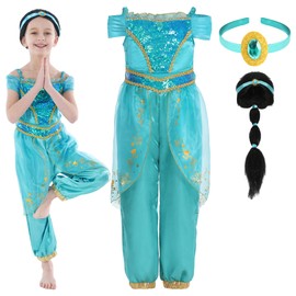 Jasmine Princess Costume for Girls, Jasmine Costume Kids with Wig, Princess Jasmine Dress Up for Birthday Party 7-8 Years