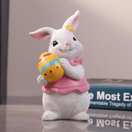 Easter Rabbit 6 inch Resin Bunny Figurine with Egg for Home Tabletop Ornaments Bunny Figurines in Pink and with Egg