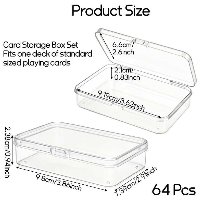 64 Pcs Playing Card Box, Clear, Snap Closed, Storage Organizer