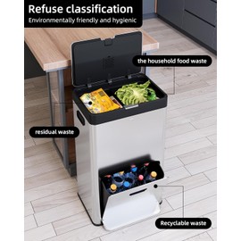 GarveeHome Kitchen Trash Can 56L/14.8 Gal,3Compartments Pedal Kitchen Recycling Trash Bin with Removable Buckets,Stainless Steel Garbage Can for Kitchen School Hospital