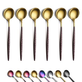 Gold Coffee Spoons Set of 6, Kyraton Stainless Steel 13.5cm Hammered Brown Handle Demitasse Spoons, Tiny Espresso Spoons, Small Mini Coffee Spoons, Dishwasher Safe