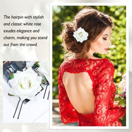 Lawie 10 Pack Colorful Wedding Bridal Red Rose Flower Hair Pins U-shaped Floral Hair Clips Formal Prom Party Decorative Bobby Pins Hair Accessories for Women Girls Brides Bridesmaids (White)