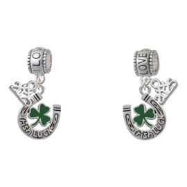 Delight Jewelry Silvertone Irish Luck Horseshoe with Shamrock - I Love You/Love You More Charm Beads (Set of 2)