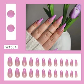 SARATA Press on Nails Medium Almond Fake Nails Gradient French Tip Gel Glue on Nails Purple Ombre Acrylic Nails Stiletto Artificial Glossy False Nails for Women Girls Manicure Decorations 24Pcs