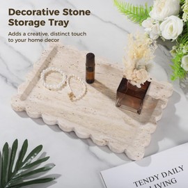Natural Travertine Rectangle Vanity Tray, Scalloped Edge Natural Stone Tray for Bathroom, Decorative Irregular Stone Tray for Jewelry, Cosmetics, Candles, Lotion, Perfume, 12 x 8 in