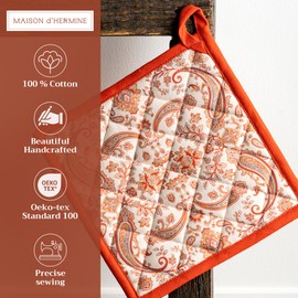 Maison d' Hermine Pot Holders Set 100% Cotton Heat Resistant Potholders 8" x 8" Hot Pads with Loop for Thanksgiving Christmas Decorations BBQ Cooking Baking Handling Hot Pans (Pack of 2, Cachemire)