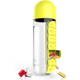 Asobu Combine Daily Pill Box Organizer with Water Bottle, 20 oz, Black (Yellow)