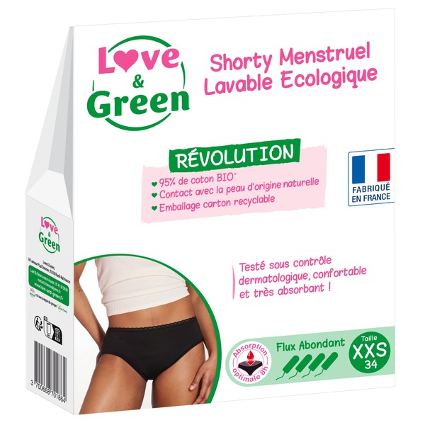 Love & Green - Menstruationsshorts, waschbar, ökologisch, Bio-Baumwolle – Größe XXS (34) – normaler Fluss