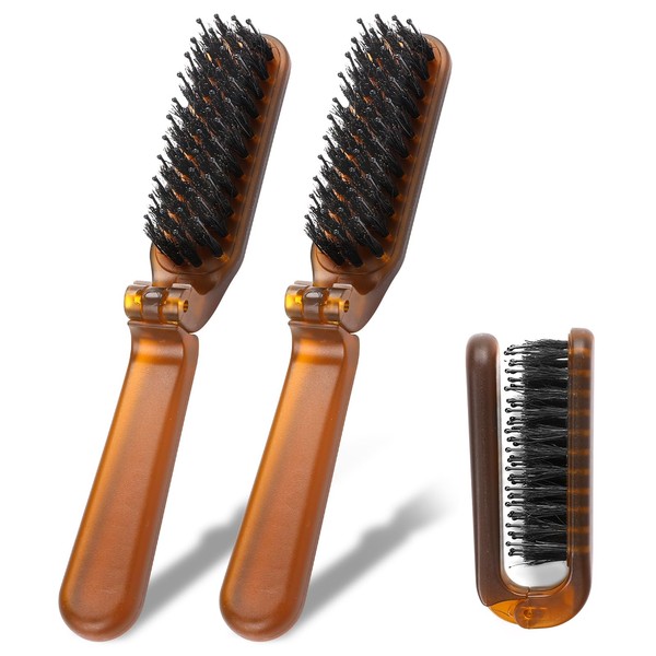 Mini Hair Brush, 2 Pieces Foldable Wild Boar Bristle Brush Travel Hair Brush Small Hair Brush Compact Brush for Hair Restoration, Shine and Smoothing