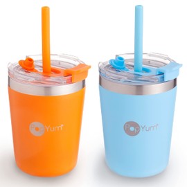 PopYum 9oz Insulated Stainless Steel Kids’ Cups with Lid and Straw, 2-Pack, Orange, Blue, stackable, sippy, baby, child, toddler, tumbler, double wall, vacuum, leak proof