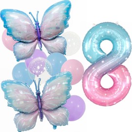 Kiwochy Gradient Pink Schmetterling Ballons 8. Geburtstag Dekoration Mädchen Deko 8 Jahre Schmetterling Geburtstag Party Set Riesige Bunte Schmetterling Folie Ballon für Schmetterling Party Supplies