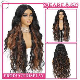 XCHJH 30 Inch Synthetic Lace Front Wig, 4X1 Glueless Pre-Cut Lace Wear and GO Synthetic Wavy Wig for Women Body Wave Middle Part, Beginner-Friendly for Daily Use (Black mix Brown 1B/30A)