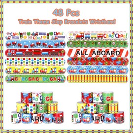 Serencatcher 48Pcs Train Slap Bracelets, Train Party Favors Include Bracelet Wristbands in 12 Styles for Chugga Chugga Choo Choo Train Railroad Transportation Birthday Party Decorations Supplies