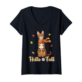 Womens Savannah Cat Wearing Scarf with Autumn Leaves Hello Fall V-Neck T-Shirt