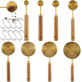 LAINIUTE 8Pcs Gold Measuring Cups and Spoons Set with Wooden Handle Portable Reusable Stainless Steel Cup Measuring Spoons Set with 8 Curved Hooks for Kitchen Home Baking