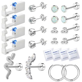 Nunpag 20 Pcs Ear Piercing Kit Ear Disposable Piercing Gun Kit Includes 4 Pcs Self Piercing Gun 18 Pcs Cubic Zirconia Earrings Stud Hoop Earrings 4 Alcohol Pads Easy-to-Use Ear Piercer Kit Tool Silver