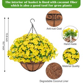 Besteek Artificial Hanging Plants Flowers with Basket for Spring Summer Outdoor Decoration, Fake Flowers UV Resistant with Hanging Planter for Front Porch Patio Garden Yard Home Decor, Yellow