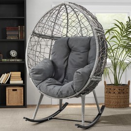DWVO Wicker Rocking Egg Chair, Oversized Indoor Outdoor Rattan Rocking Chair, Indoor Outdoor Lounger for Patio, Backyard, Living Room, Gray