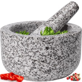 Heavy Duty Natural Granite Mortar and Pestle Set, Hand Carved, Make Fresh Guacamole, Salsa, Pesto, Stone Grinder Bowl, Herb Crusher, Spice Grinder, 4 Cup, White