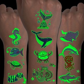 CHARLENT Luminous Sea Animal Tattoos for Kids - 14 Sheets Glow in the Dark Underwater Creatures Temporary Tattoos for Boys and Girls, Birthday Party Gifts and Goodie Bag Fillers