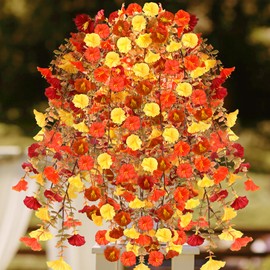 Dlerom 6 Pcs Artificial Fall Hanging Flowers for Outdoors, UV Resistant Fake Hanging Plants Faux Silk Morning Glory for Autumn Home Outside Gardens Porch Yard Wall Decoration