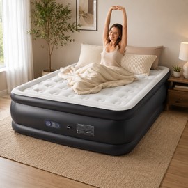 18-Inch Raised Air Mattress for Home & Travel – Flocked Inflatable Bed with Built-In 110V Pump and Non-Slip Base