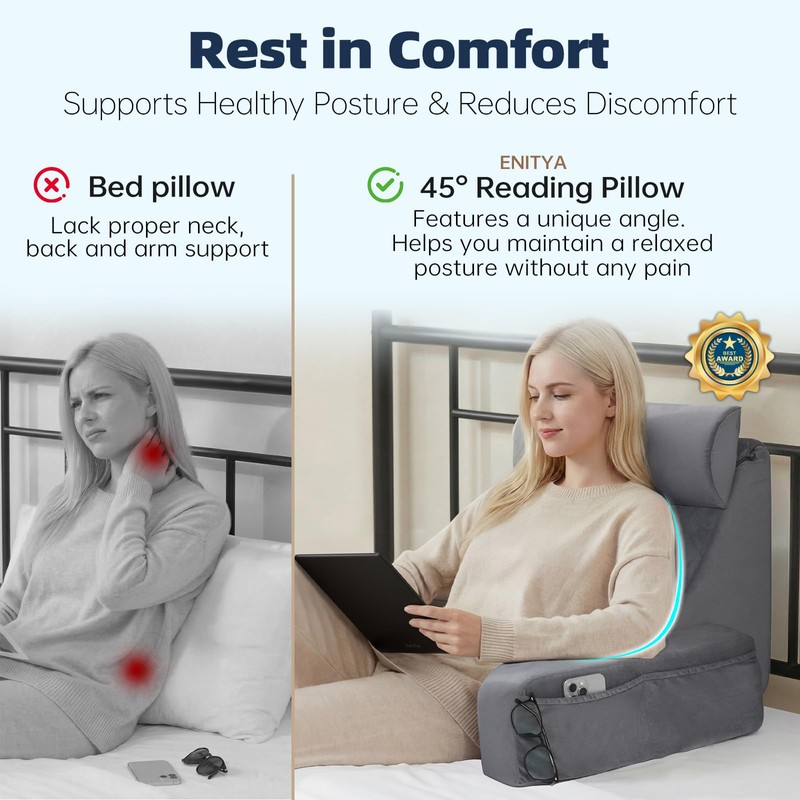 ENITYA 19" Back Support Pillow,Reading Pillow with Attached Arms &